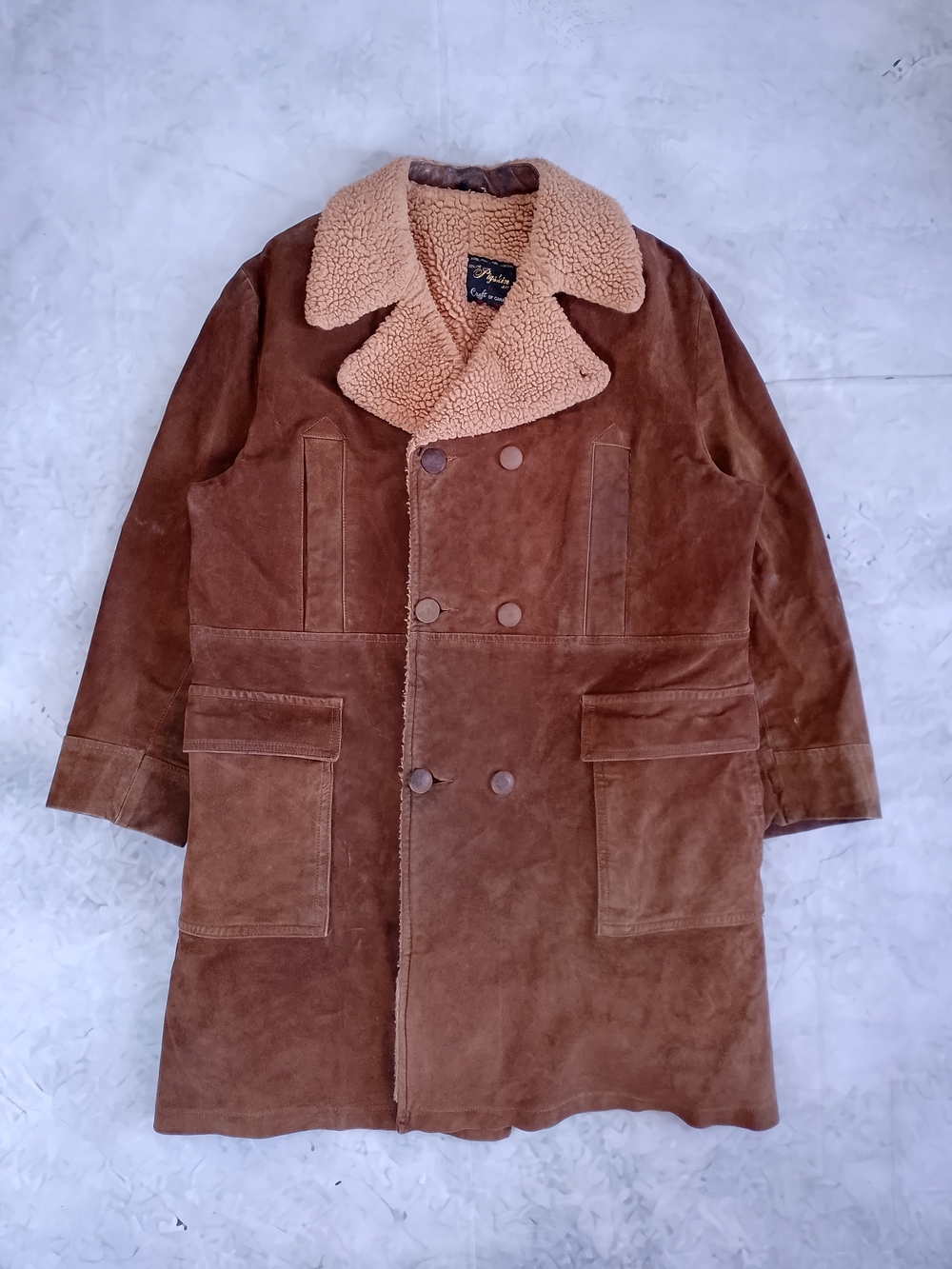 Vintage Leather/Suede Sherpa Double-Breasted Casual Overcoat Craft Of Canada